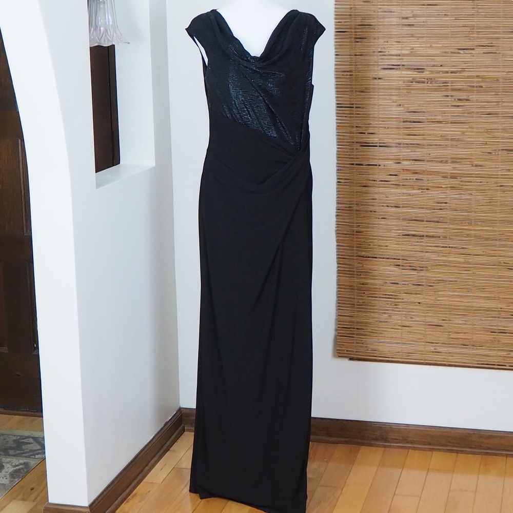 Lauren Ralph Lauren Black Cowl Neck Metallic Gown Sleeveless Formal Dress 12